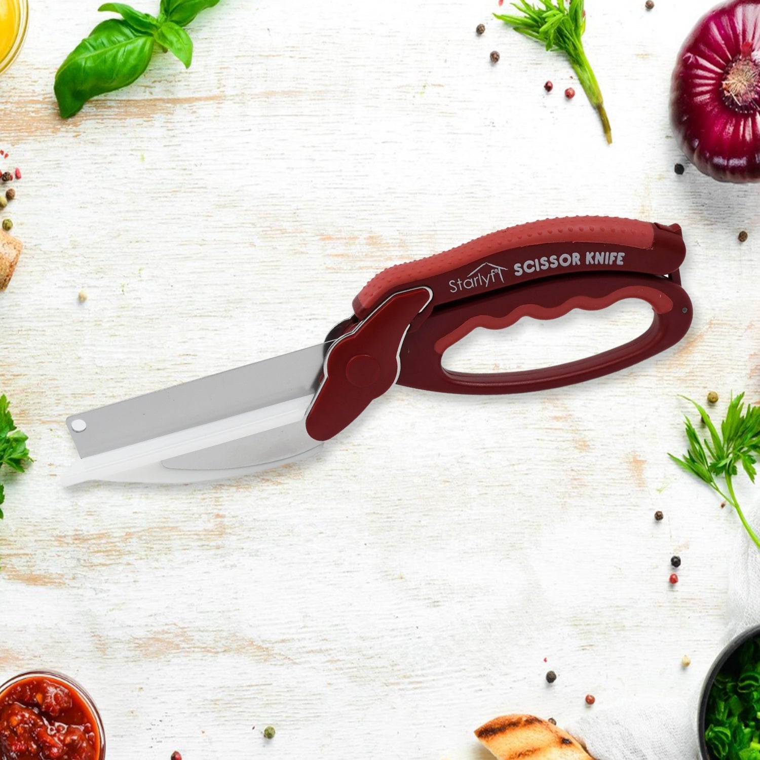 2 in 1 Kitchen Knife Scissor with Spring Locking Hinge and Chopping Board (1 Pc / With Card Packing) 2 in 1 Kitchen Knife Scissor with Spring Locking Hinge and Chopping Board (1 Pc / With Card Packing)